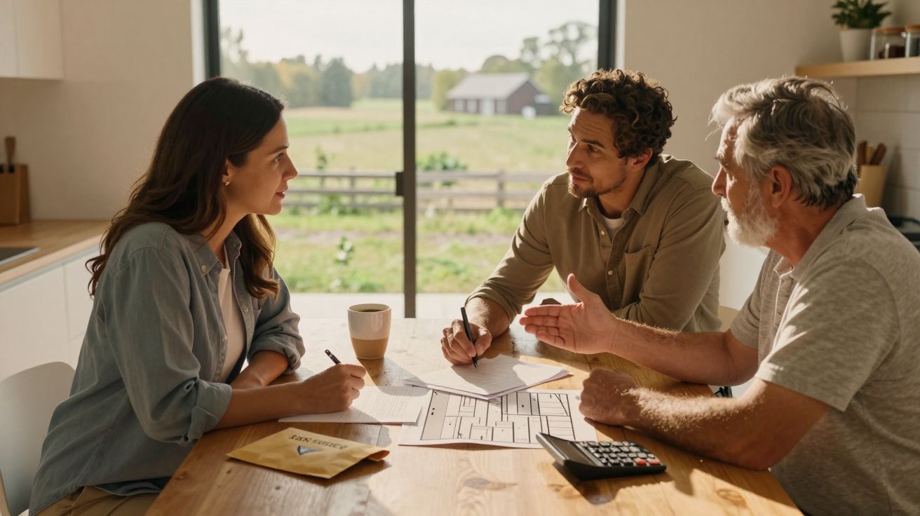 Três pessoas sentadas à mesa discutem planos numa casa com vista para o campo ao fundo.