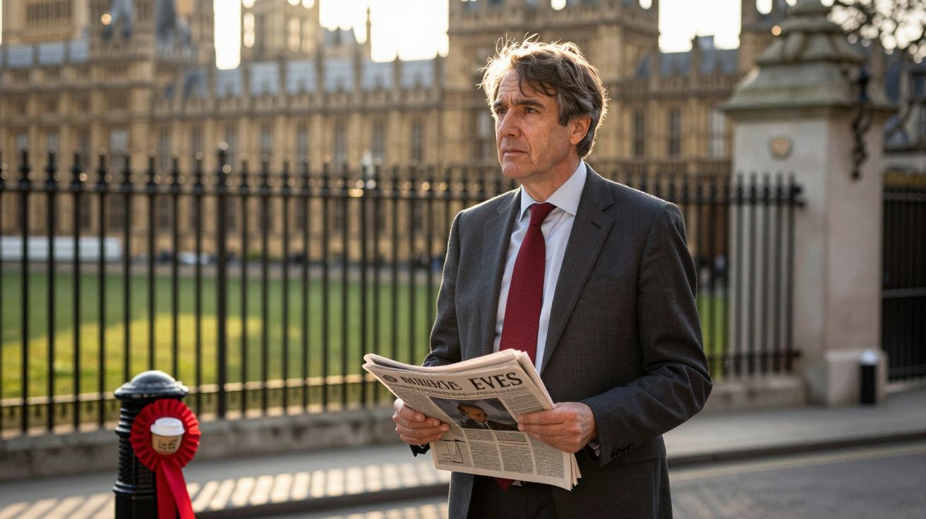 Homem de fato cinza a segurar jornal diante do Palácio de Westminster, em Londres, ao fim do dia.