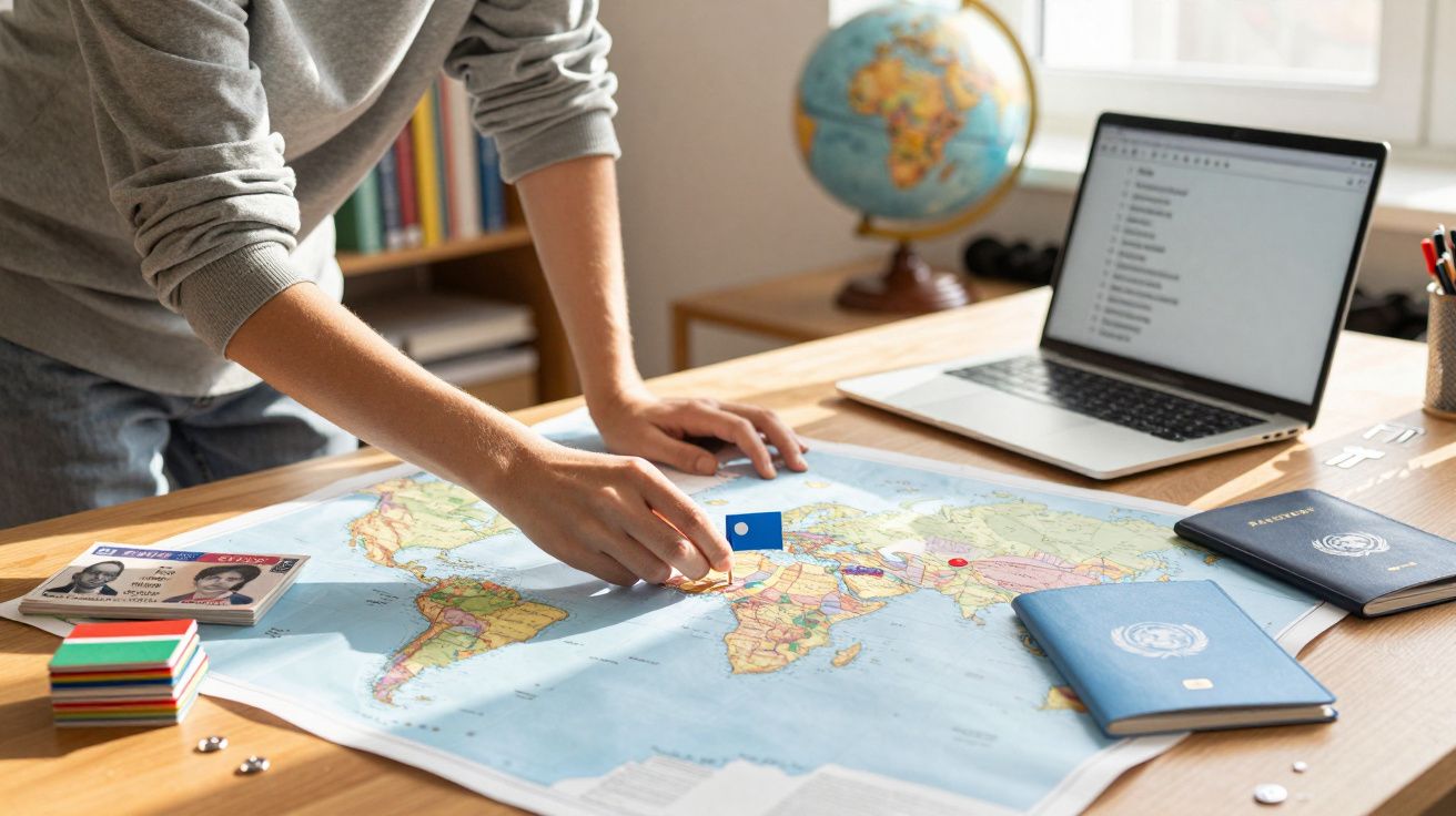 Pessoa a marcar um ponto num mapa do mundo sobre uma mesa com passaportes, computador portátil e globo terrestre.