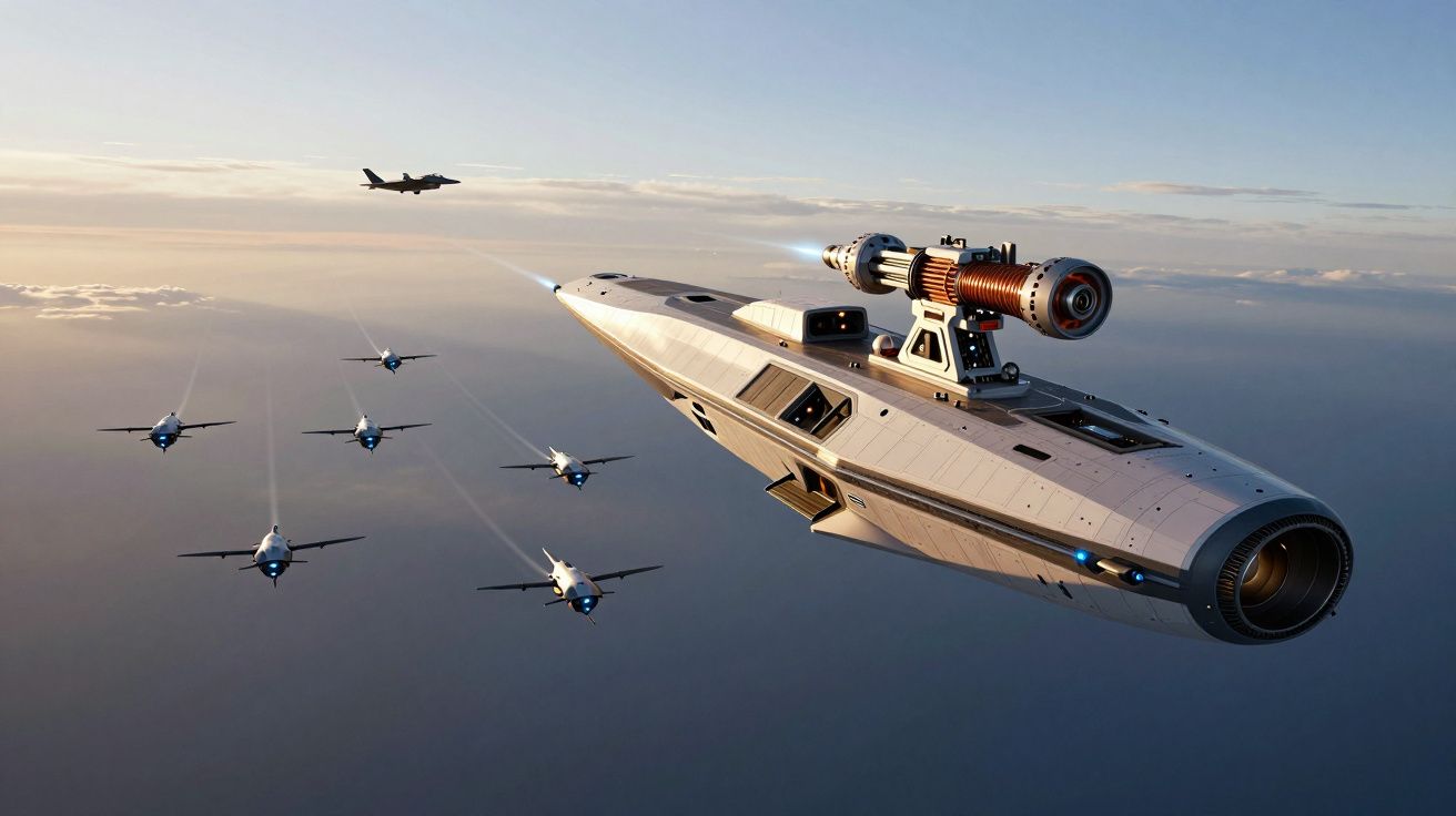 Nave espacial futurista acompanhada por sete jatos de combate a voar sobre o oceano ao pôr do sol.