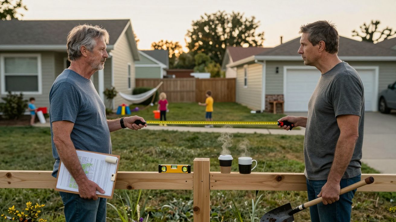 Dois homens a medir madeira com fita métrica num quintal, crianças e casas ao fundo ao entardecer.