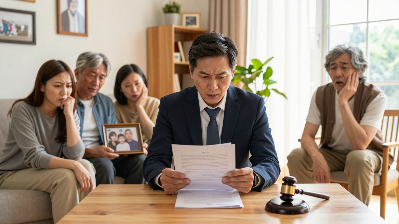 Homem de fato lê documento sério à mesa, família preocupada sentada atrás, martelo de juiz no centro da mesa.