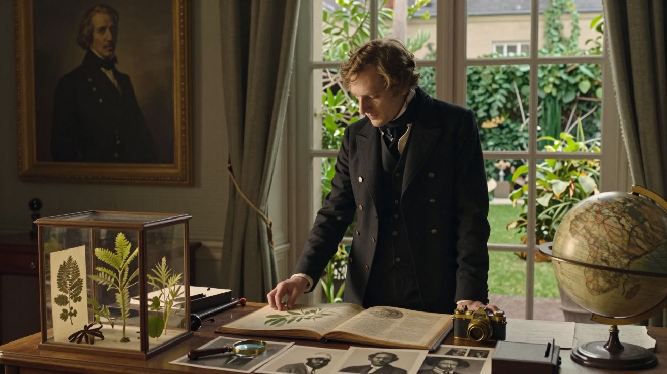 Homem vestido de época analisa livro de plantas numa sala com janela grande, globo terrestre e fotografias antigas.