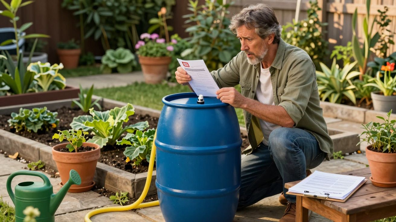 Homem a ler manual enquanto monta sistema de recolha de água de chuva no jardim.