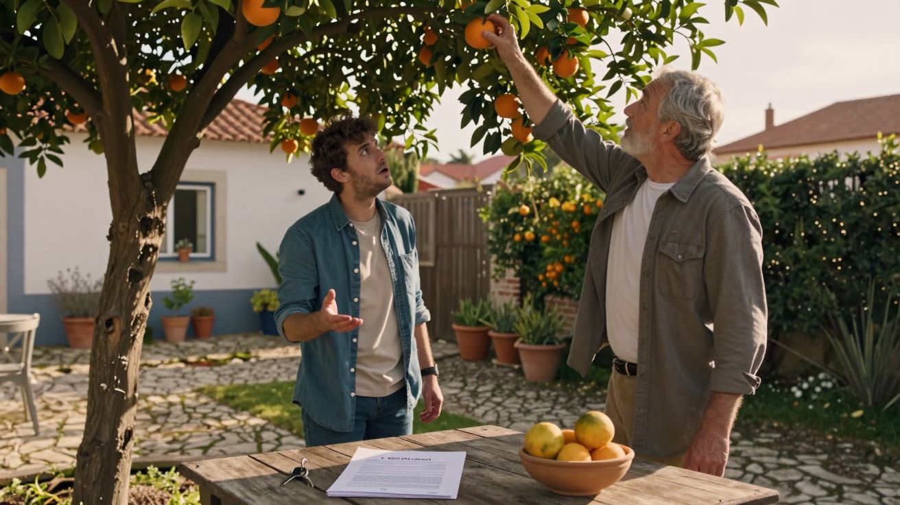 Homem mais velho apanha laranja de árvore enquanto jovem observa num pátio com mesa e documentos.