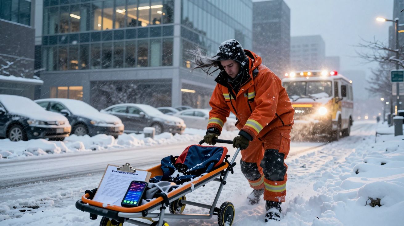 Profissional de emergência a empurrar maca na neve na rua com carros estacionados e ambulância ao fundo.