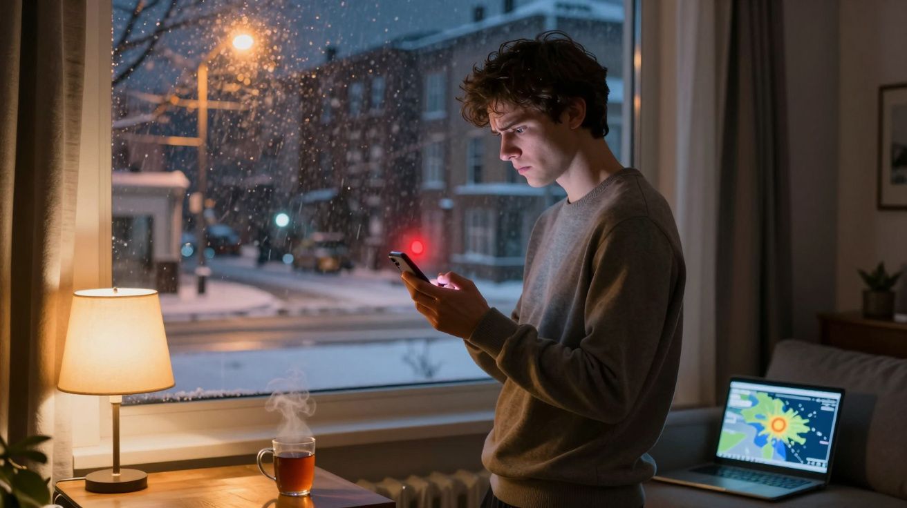 Jovem junto à janela numa noite de neve, a usar o telemóvel, com chá quente e computador ligado.