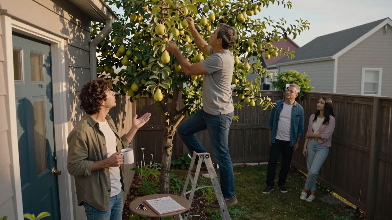 Homem numa escada a apanhar peras enquanto três pessoas observam num jardim atrás de uma casa.