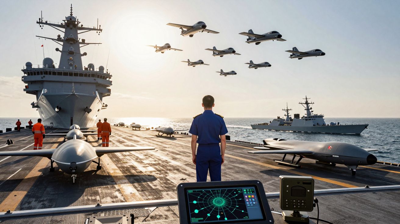 Porta-aviões com aviões de combate e drones no convés, homem de uniforme atento a voo em formação no mar.