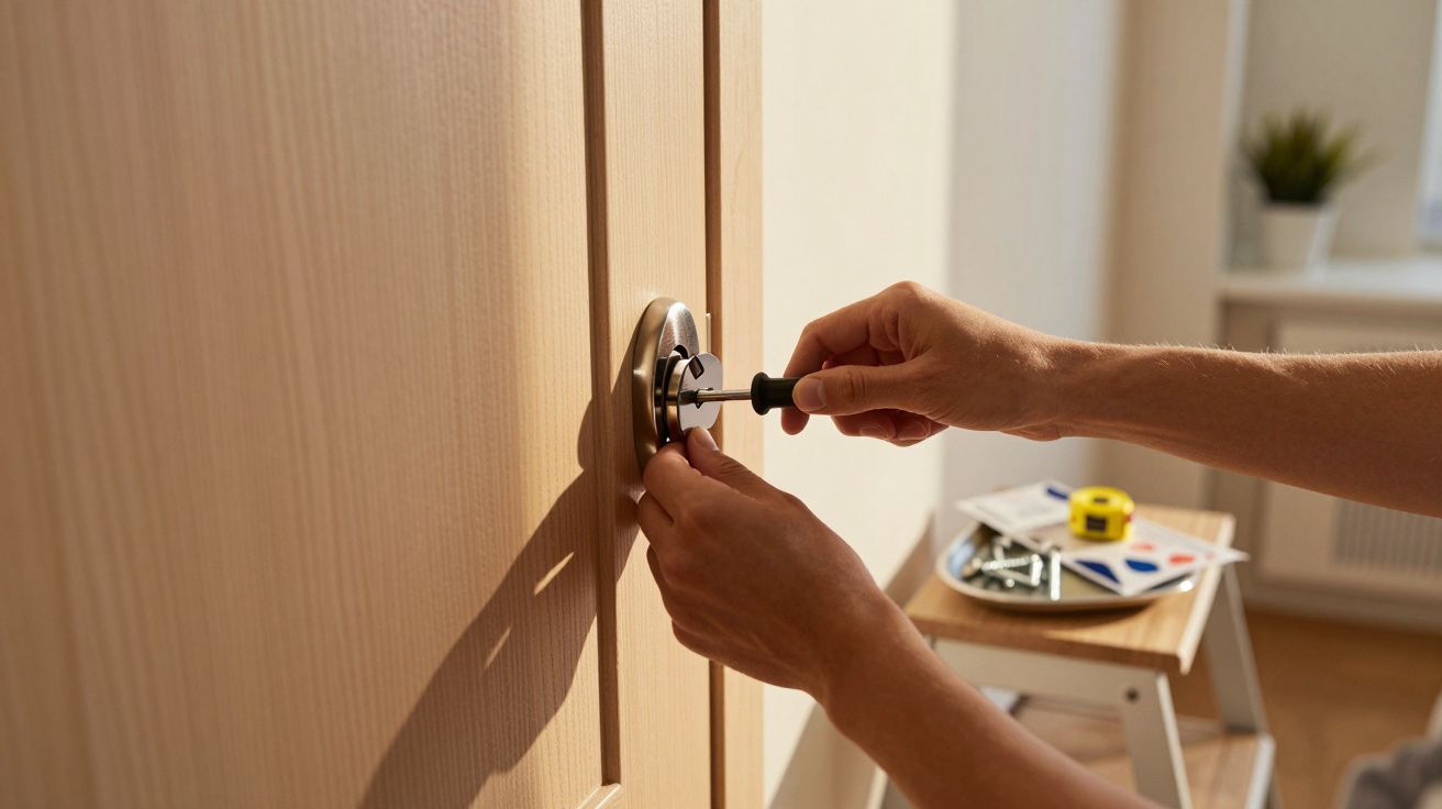 Mãos a instalar ou reparar maçaneta numa porta de madeira clara, com ferramentas e fita métrica ao fundo.