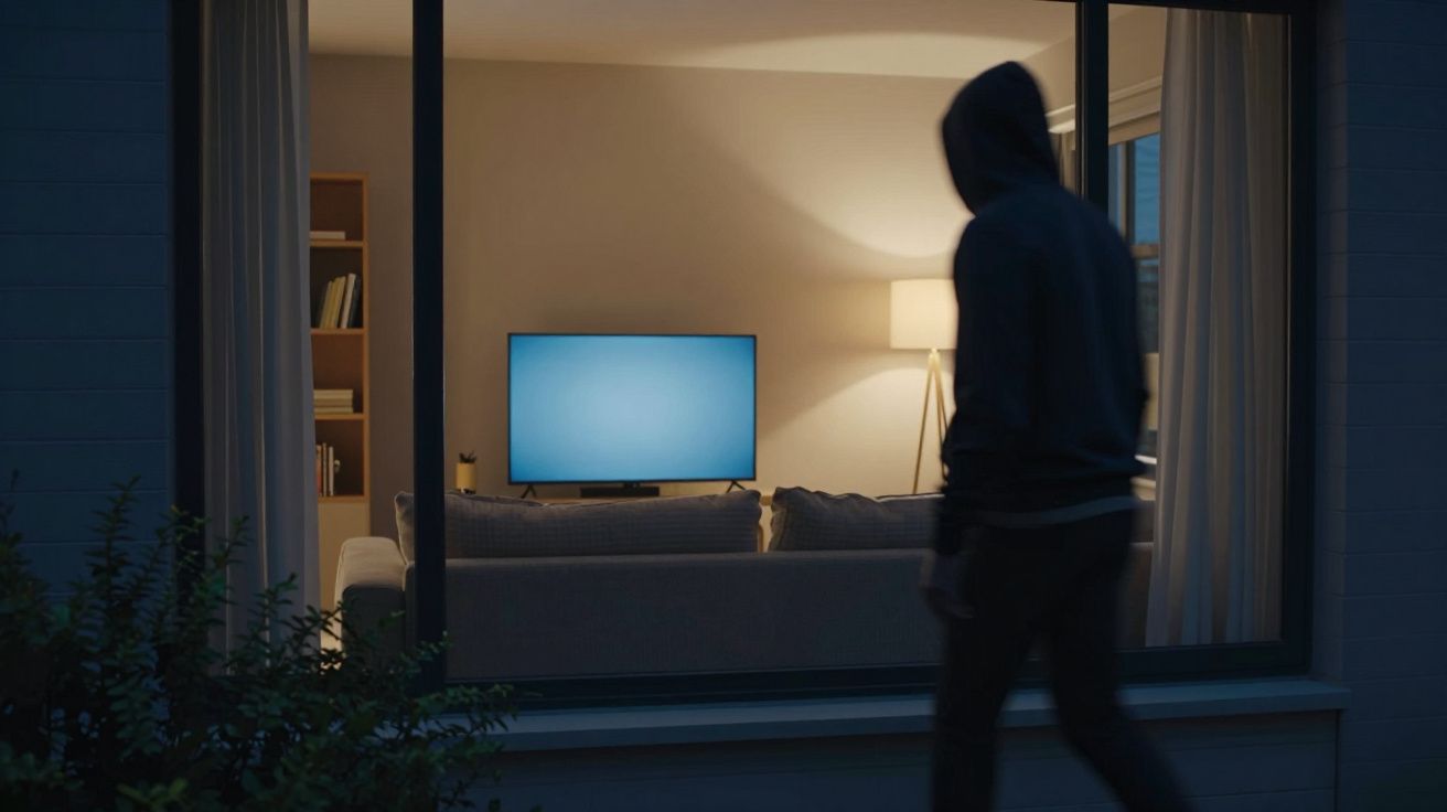 Pessoa com capuz a caminhar junto a janela de casa com televisão ligada e luz interior acesa à noite.