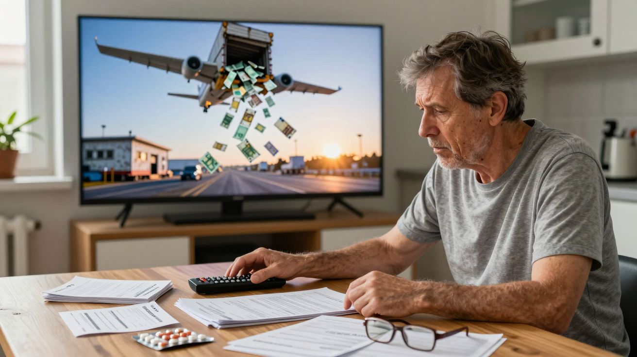 Homem preocupado a calcular contas numa mesa com medicamentos e documentos, televisão mostra avião e dinheiro.