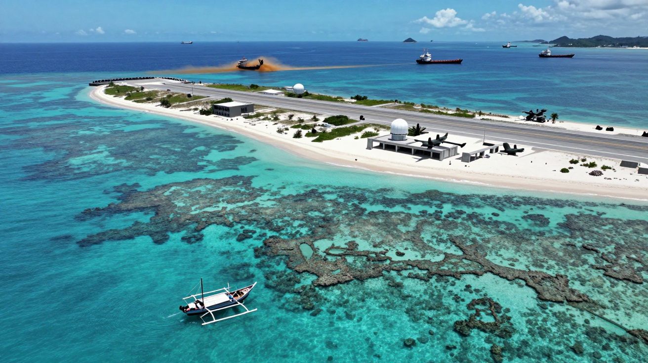 Ilha pequena com pistas de aterragem, edifícios e aviões militares rodeada por águas claras e corais.