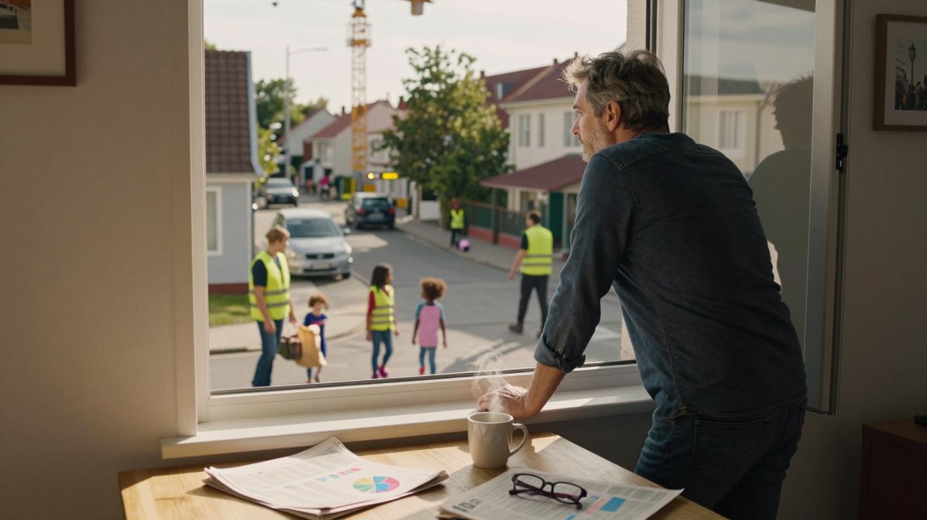 Homem observa crianças com coletes refletores a atravessar a rua numa zona residencial tranquila.