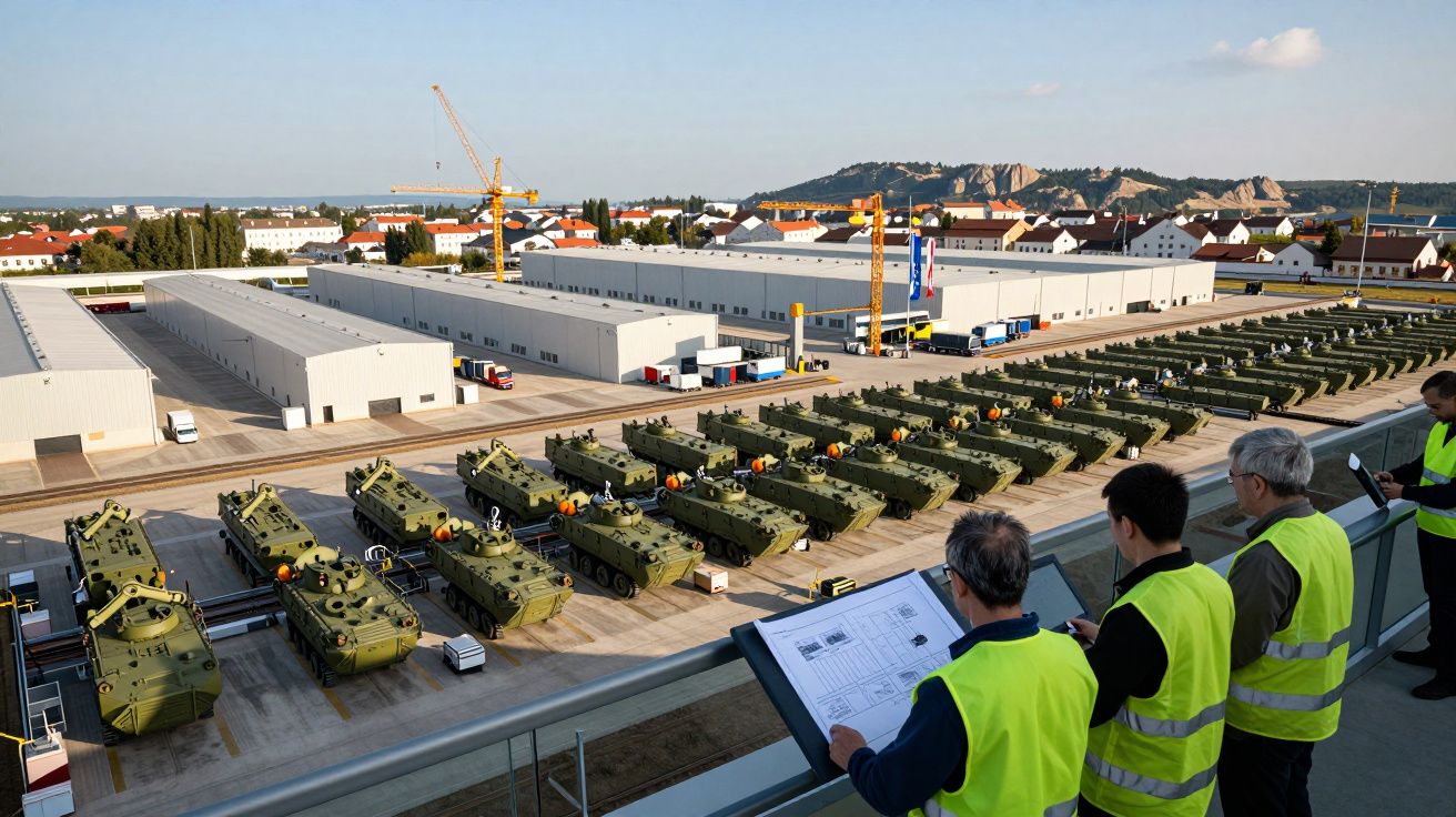 Funcionários com coletes refletivos observam dezenas de veículos militares alinhados em depósito industrial.