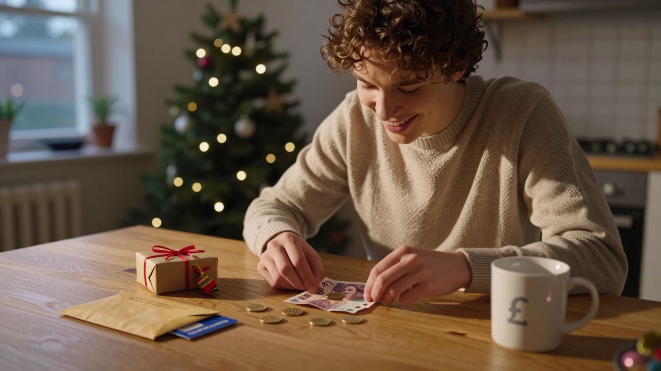 Jovem a contar dinheiro sobre a mesa com árvore de Natal e presente ao fundo.