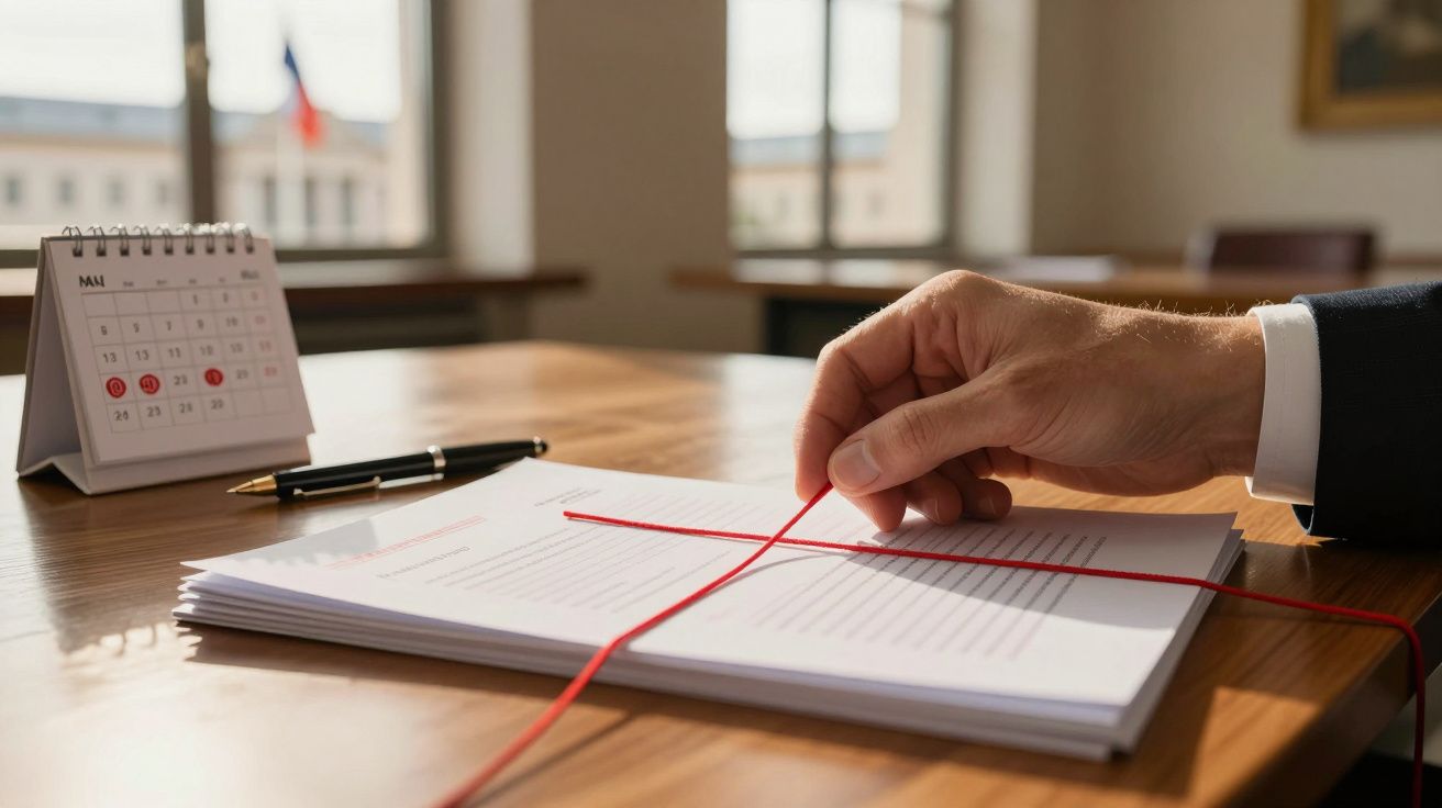 Mão masculina a desatar cordão vermelho que segura um maço de documentos numa mesa de madeira com calendário.
