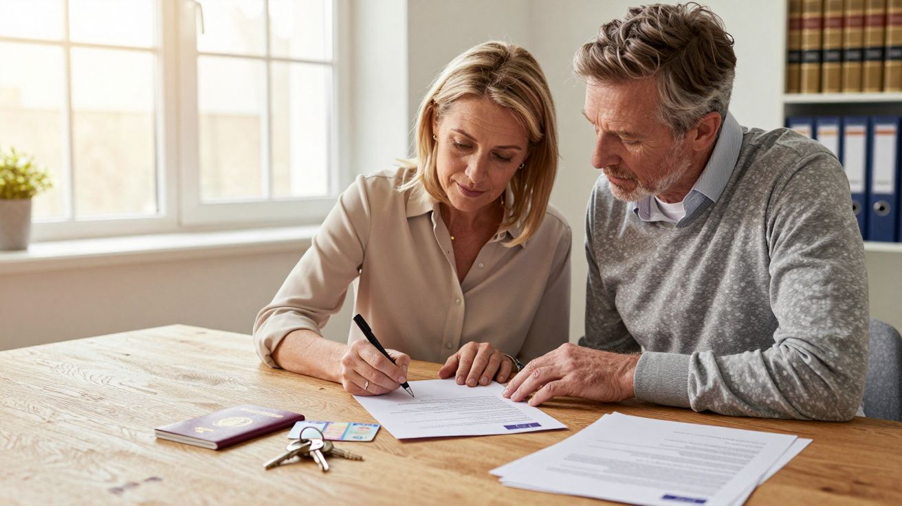 Casal sentado a assinar documentos numa mesa de madeira com chaves e passaportes à frente.