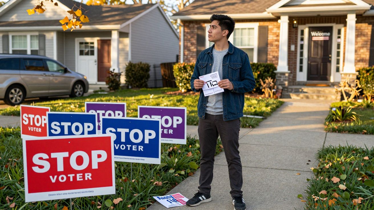 Jovem de pé no passeio, rodeado de placas "STOP VOTER", com casas ao fundo num bairro residencial.