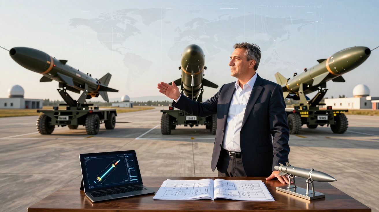 Homem em fato apresenta três mísseis no exterior com portátil e desenhos técnicos numa mesa à frente.