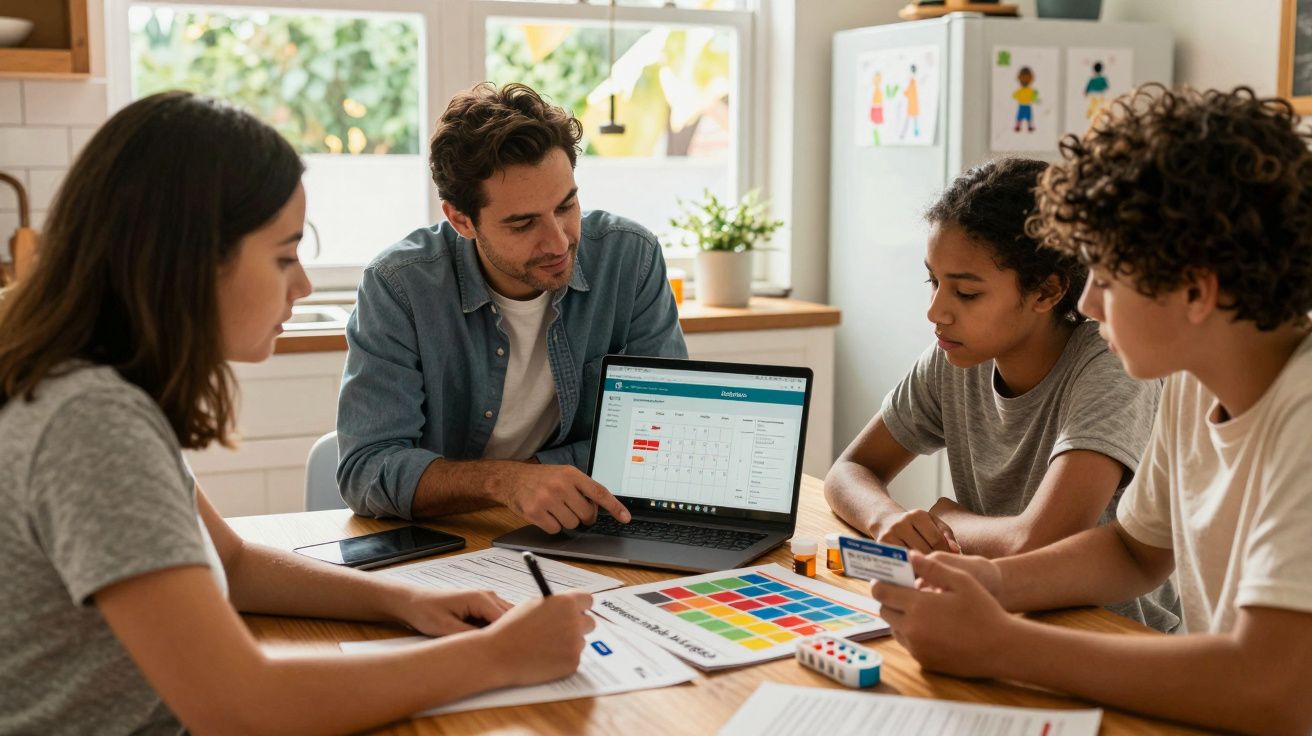 Grupo de jovens a analisar dados num computador portátil e a trabalhar em projetos coloridos numa mesa.