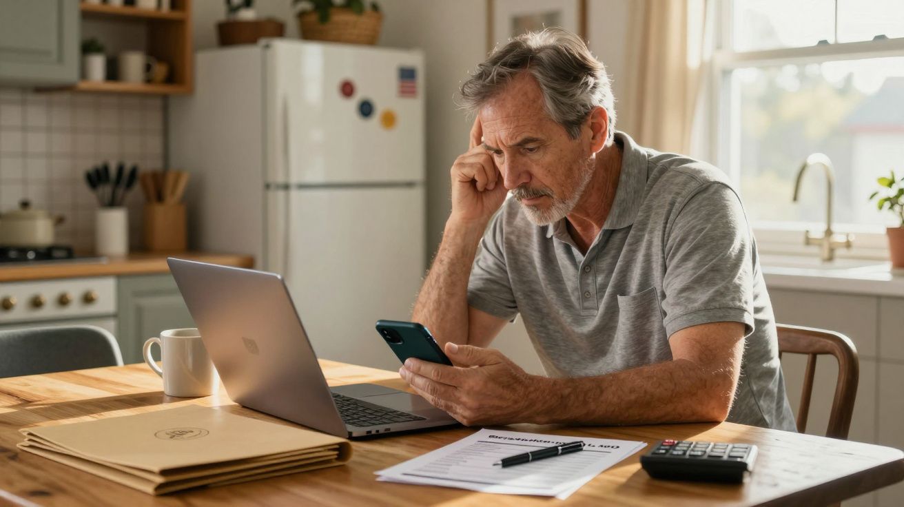 Homem maduro preocupado a ver o telemóvel, sentado à mesa com laptop, papéis e calculadora numa cozinha iluminada.