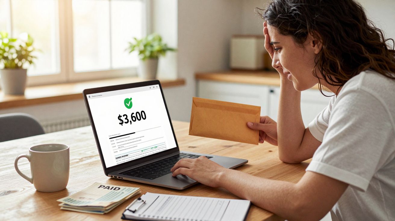 Mulher sentada à mesa com envelope na mão, a verificar pagamento confirmado de $3,600 no portátil.