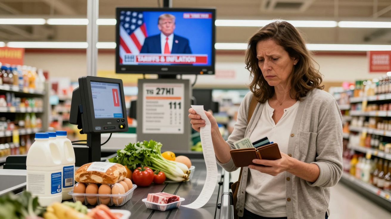 Mulher no supermercado verifica fatura longa com expressão preocupada enquanto assiste notícia com homem político na TV.