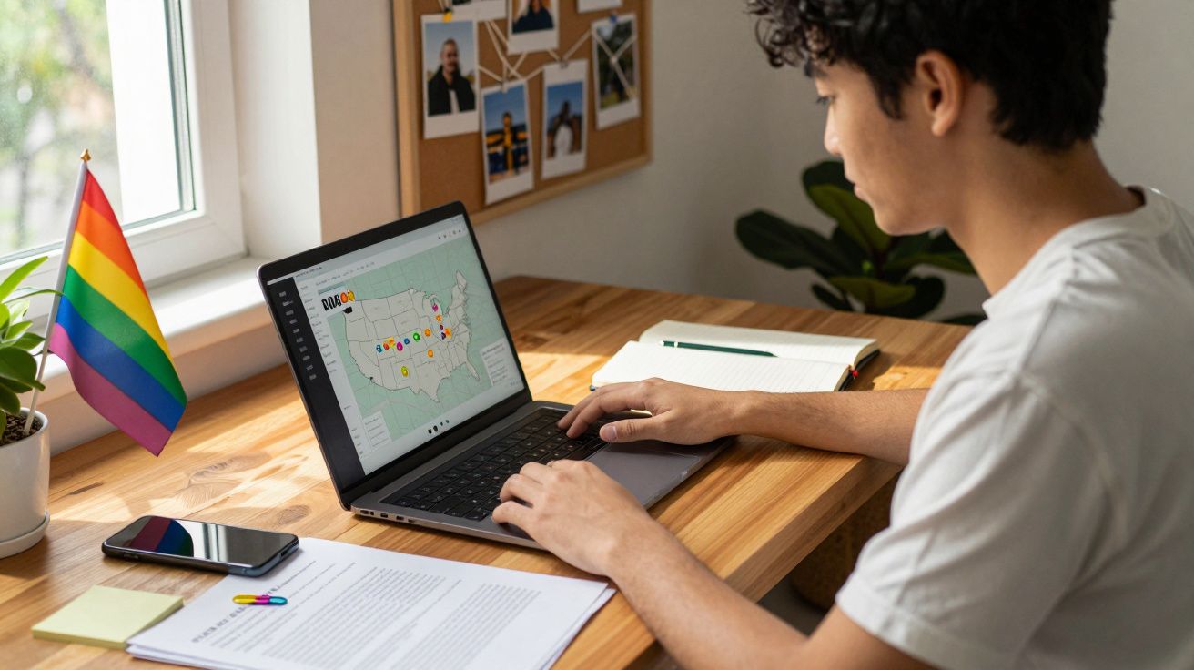 Pessoa jovem a trabalhar num portátil com mapa dos EUA, bandeira arco-íris e secretária organizada.