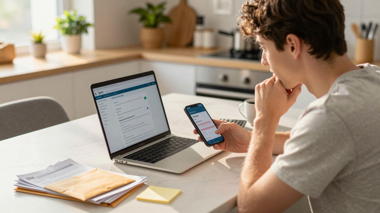 Pessoa a trabalhar numa cozinha com computador portátil e telemóvel, com documentos e notas na mesa.