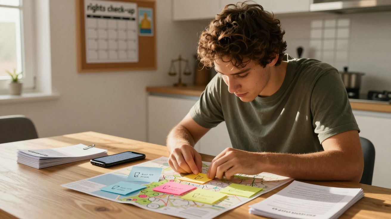 Jovem sentado à mesa a organizar post-its coloridos sobre um mapa, rodeado de documentos e telemóvel.