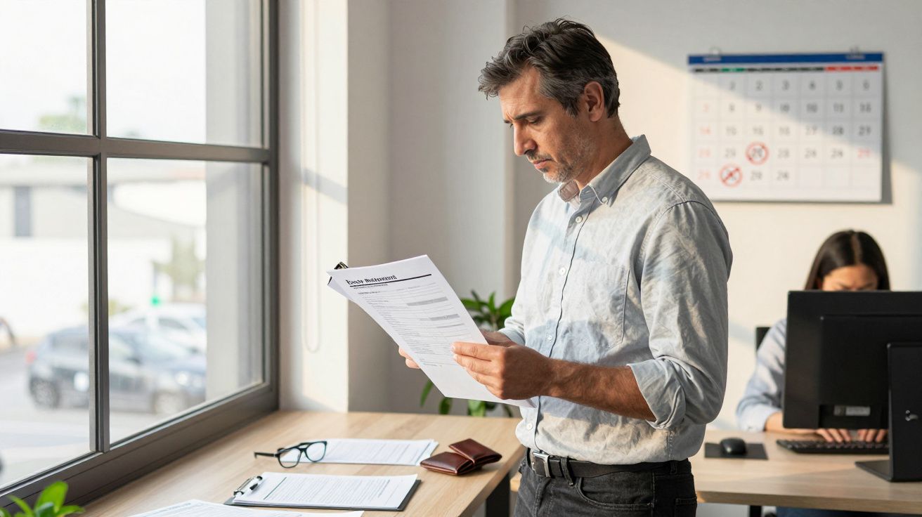 Homem sério a analisar documentos em escritório com calendário e colega ao fundo.