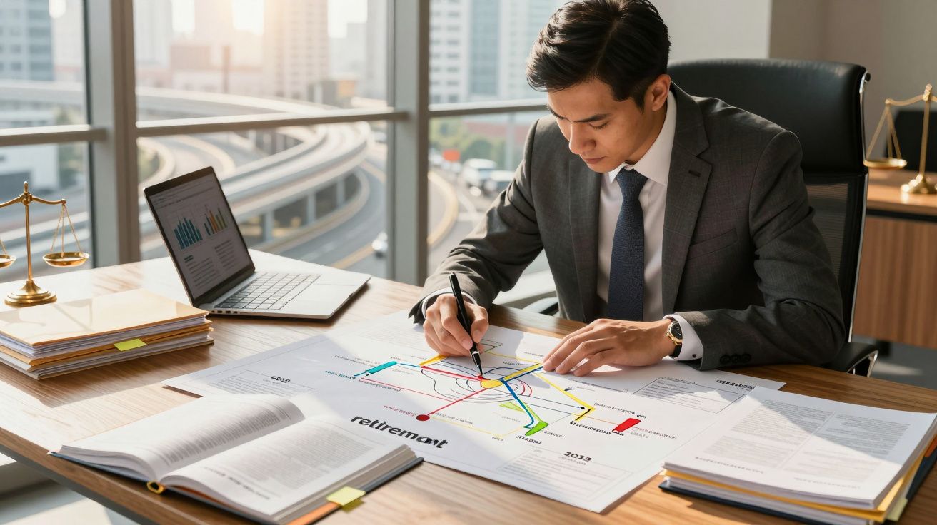 Homem de negócios a analisar um gráfico colorido sobre aposentação numa sala com vista urbana.