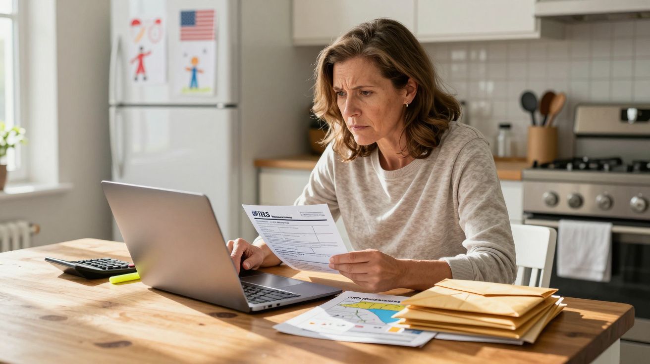 Mulher preocupada analisa documentos financeiros sentada à mesa da cozinha com computador portátil.