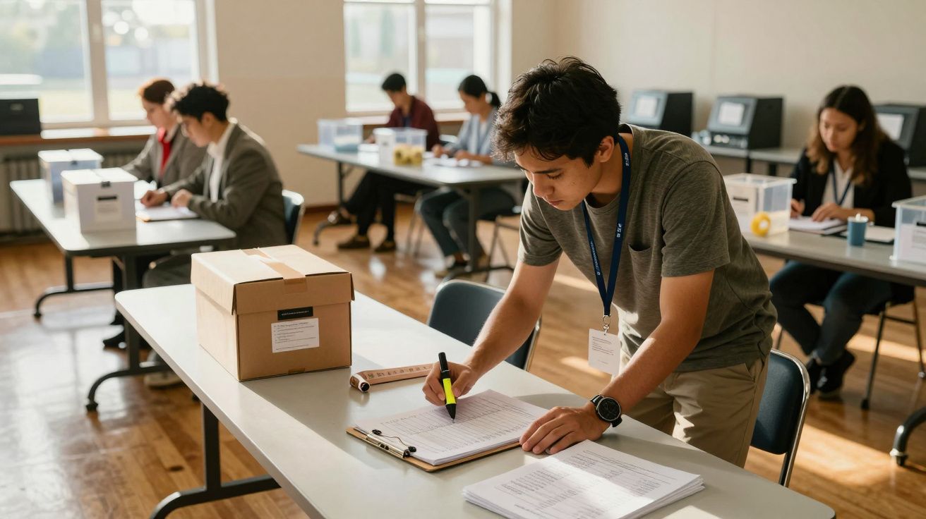 Pessoa a preencher formulário numa mesa com várias pessoas a trabalhar em ambiente de escritório.