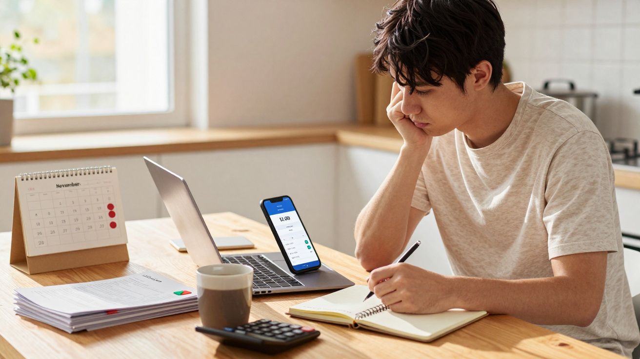 Homem jovem preocupado a fazer contas à mesa com portátil, telemóvel, calculadora e documentos.
