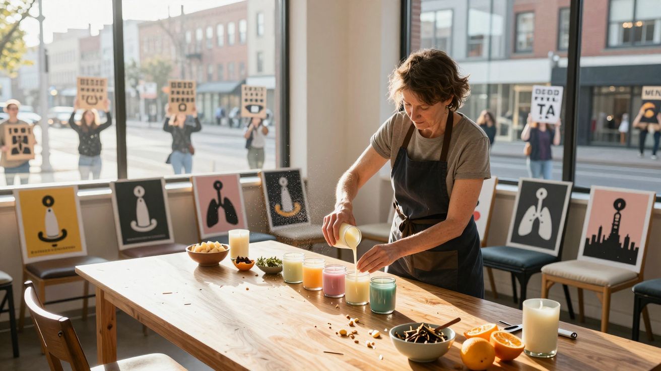 Mulher a preparar bebidas em copos coloridos numa mesa com frutas e petiscos, com cartazes de protesto na rua.