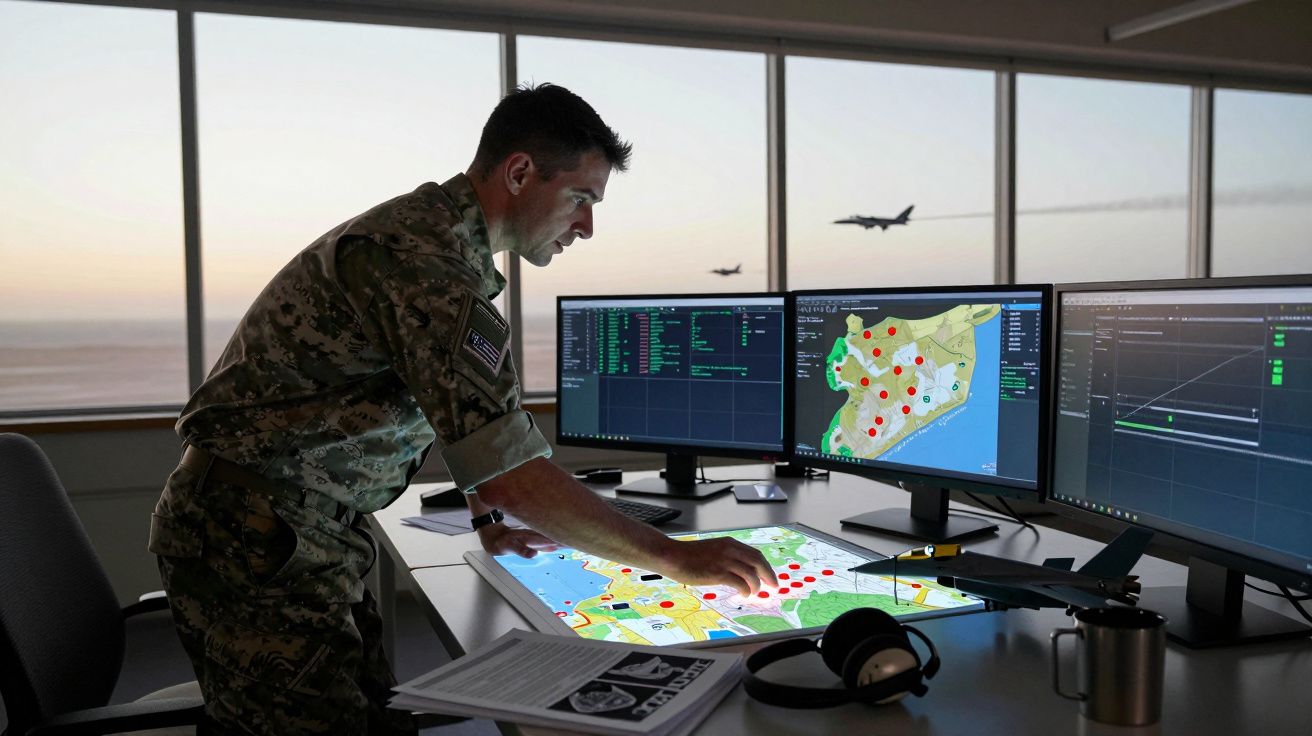 Militar em uniforme camuflado a analisar mapas e dados em ecrãs e mesa digital, com aviões a sobrevoar ao fundo.