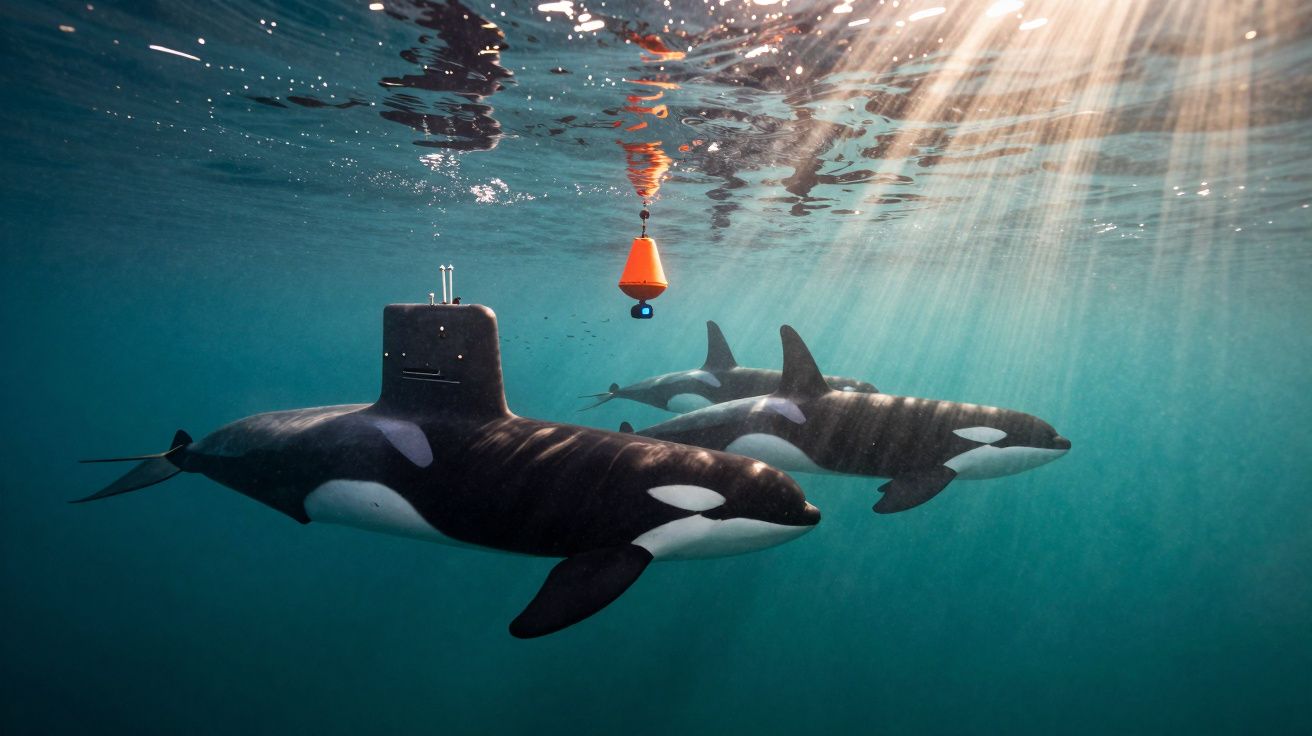 Orcas nadando debaixo de água perto de uma boia laranja com raios de sol filtrando na água.