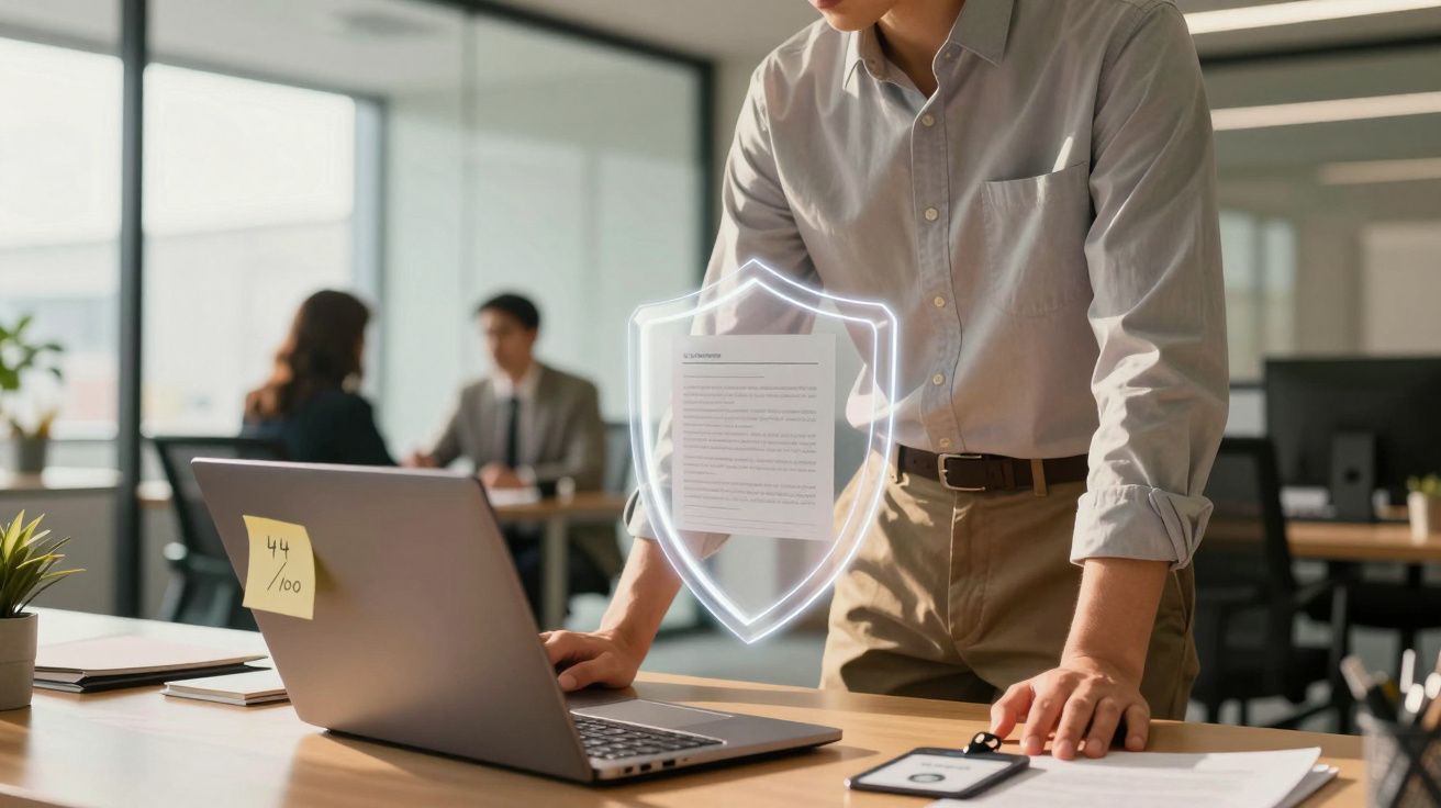 Pessoa em escritório com laptop e documento virtual protegido por um escudo digital.