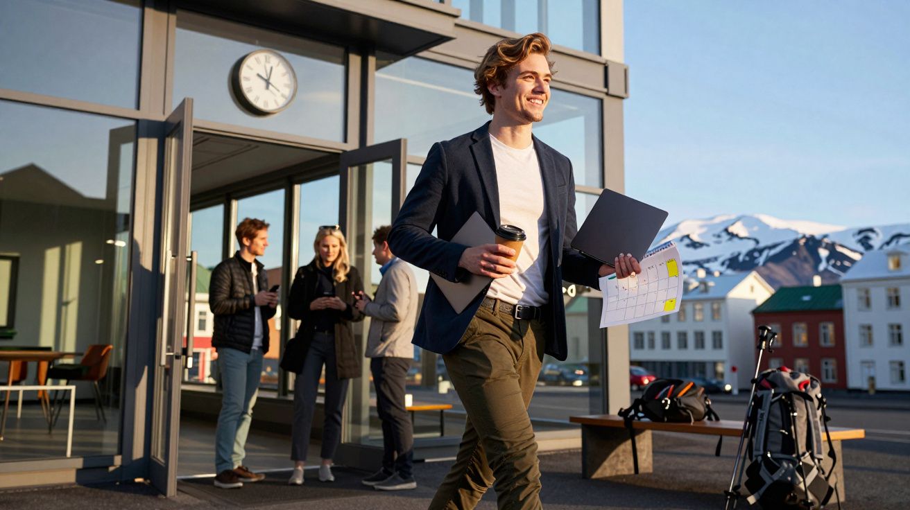 Homem jovem sorridente a caminhar com café, laptop e calendário, com grupo e edifícios ao fundo.