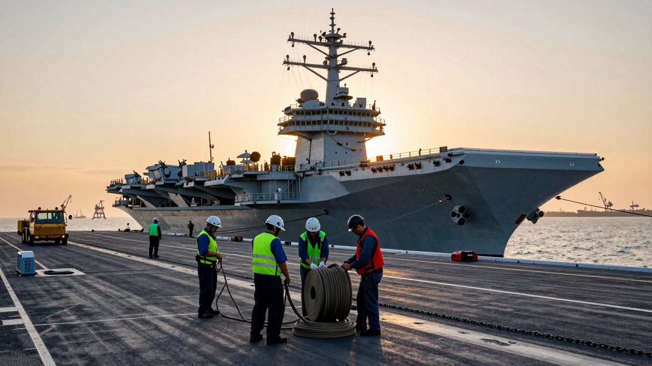 Quatro trabalhadores com coletes e capacetes trabalham num convés perto de um porta-aviões ao pôr do sol.