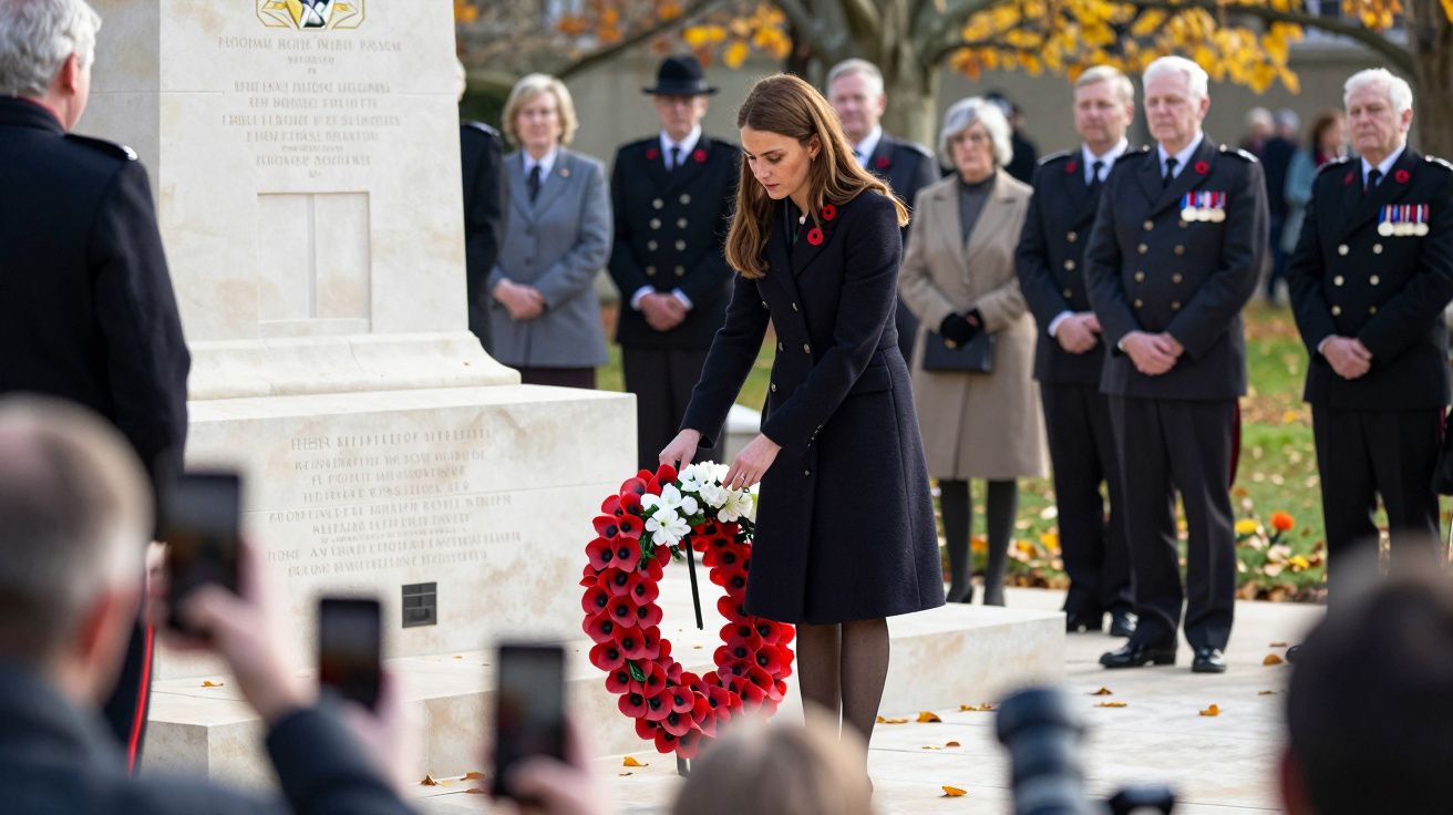 Mulher coloca coroa de papoilas num monumento em cerimónia de homenagem com pessoas ao fundo.