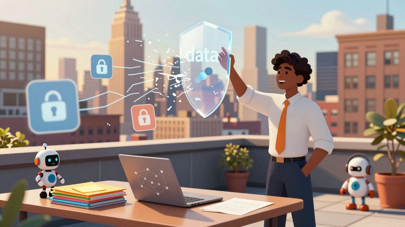 Homem num terraço protege dados digitais com escudo enquanto robôs pequenos observam.