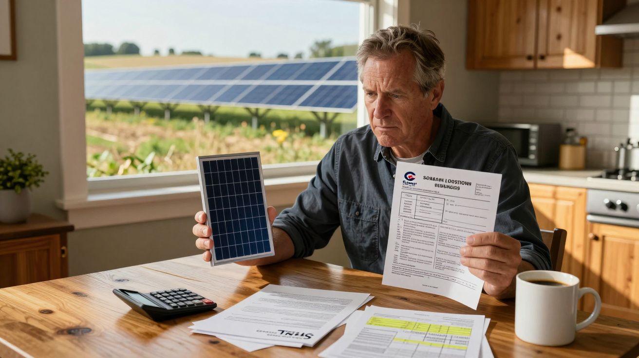 Homem analisa contas e segura painel solar pequeno com painéis solares visíveis através da janela.