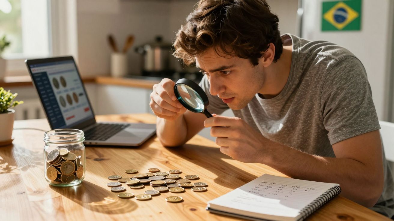 Homem analisa moedas numa mesa com lupa, computador e bloco de notas numa cozinha iluminada.
