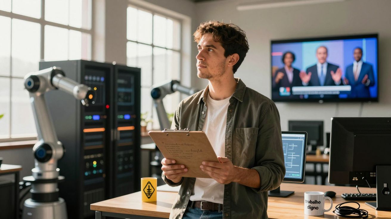 Homem com prancheta a observar braços robóticos numa sala de tecnologia com ecrã e computadores.