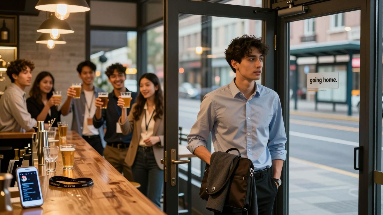 Jovem sai de bar enquanto grupo de amigos brinda com copos de cerveja ao fundo.