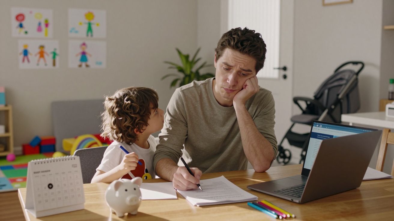 Pai preocupado a trabalhar com documentos enquanto criança lhe chama atenção na mesa de casa.