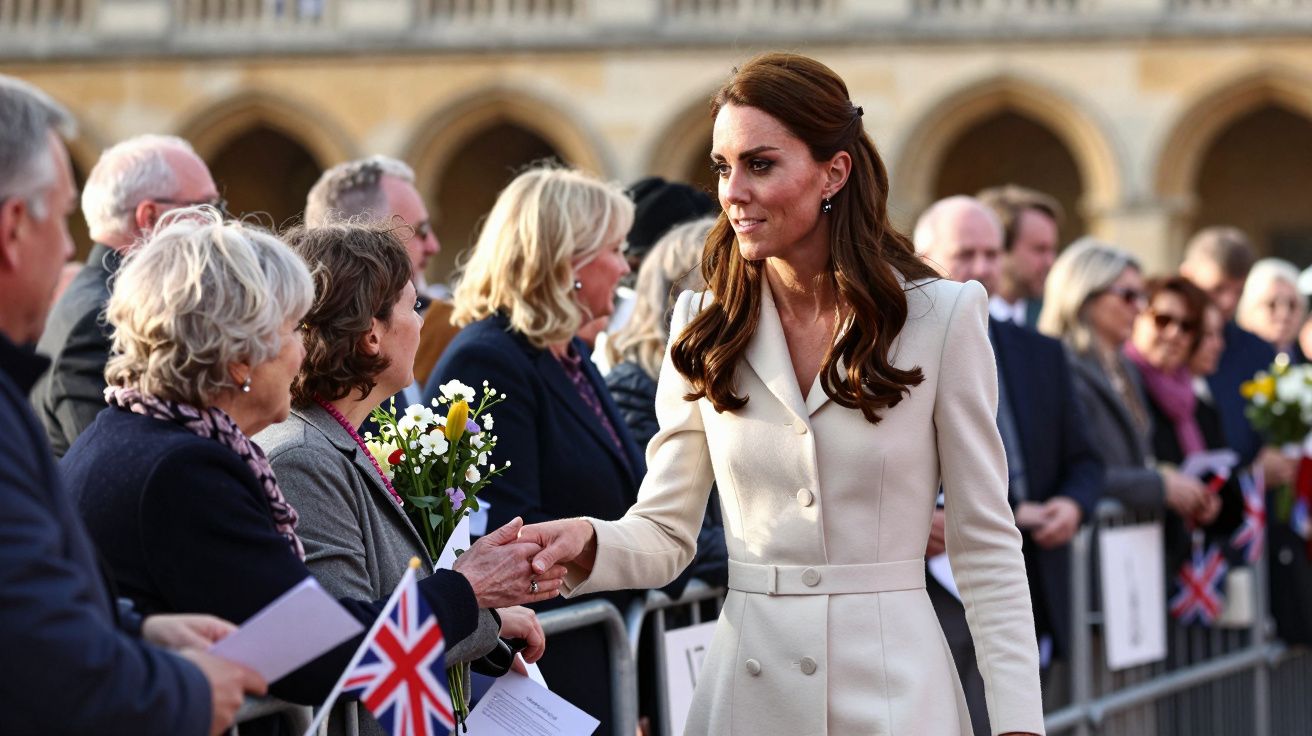 Mulher de casaco branco cumprimenta multidão que segura flores e bandeira do Reino Unido.
